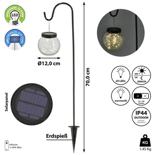 Solar LED Leuchte H70cm Gartenstecker Kugel Crackle-Design Solarpanel 20 LEDs warmweiß Wegelicht Gartenleuchte