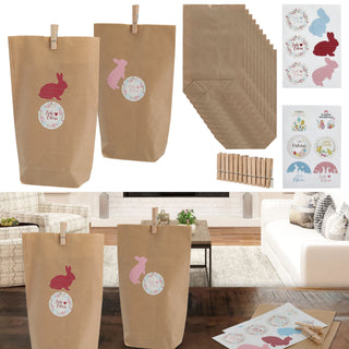 Geschenktüten DIY 12er Set Ostern 14x22cm mit Klebesticker und Holzklammern natur bunt Verpackung Tüte