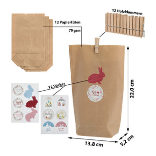 Geschenktüten DIY 12er Set Ostern 14x22cm mit Klebesticker und Holzklammern natur bunt Verpackung Tüte