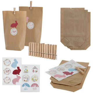 Geschenktüten DIY 12er Set Ostern 14x22cm mit Klebesticker und Holzklammern natur bunt Verpackung Tüte