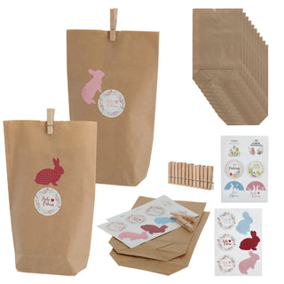 Geschenktüten DIY 12er Set Ostern 14x22cm mit Klebesticker und Holzklammern natur bunt Verpackung Tüte