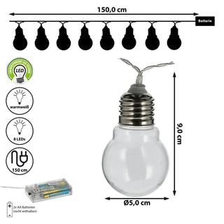 Lichterkette 8 Glühbirnen L150cm warmweiß batteriebetrieben Metall Kunststoff Girlande Leuchtkette Dekobeleuchtung