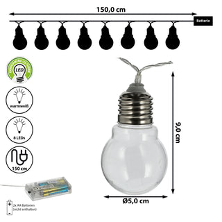 Lichterkette 8 Glühbirnen L150cm warmweiß batteriebetrieben Metall Kunststoff Girlande Leuchtkette Dekobeleuchtung