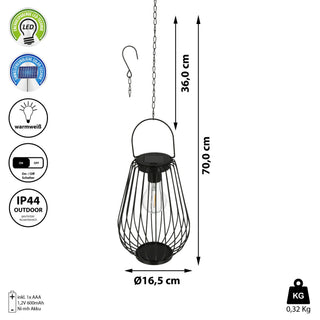 LED Solarlampe zum Aufhängen Metallstreben 16x22cm H70cm Eisen Pendellampe Lampe Deckenlampe Outdoorlampe