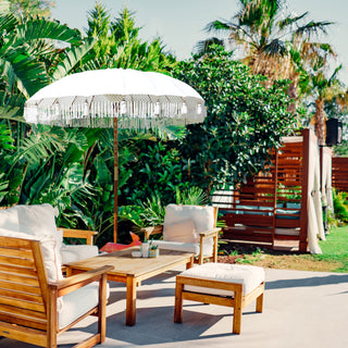Sonnenschirm Bali 180cm Sonnenschutz Mangoholz Baumwolle Fransen Schirm Gartenschirm Dekoschirm