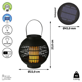 LED Solar Laterne Henkel 11x13cm Kunststoff schwarz Gartenleuchte Flammenflackern warmweiß 12 SMD Leds IP44