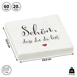 Servietten "Schön, dass Du da bist" 60er Set 3lagig Papierserviette Motivserviette stoffähnlich Tuch