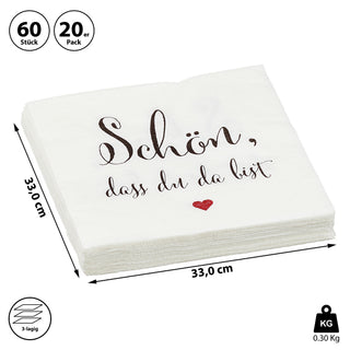Servietten "Schön, dass Du da bist" 60er Set 3lagig Papierserviette Motivserviette stoffähnlich Tuch