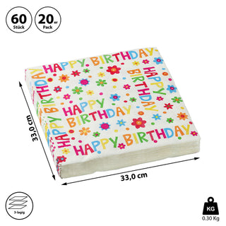 Servietten "Happy Birthday" 60er Set 3lagig Papierserviette Motivserviette stoffähnlich Tuch