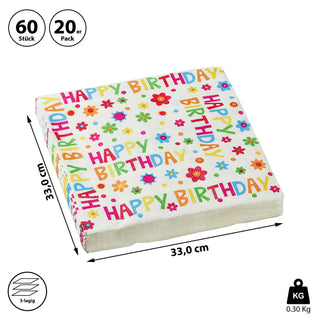 Servietten "Happy Birthday" 60er Set 3lagig Papierserviette Motivserviette stoffähnlich Tuch