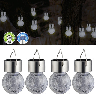 Solarleuchte Crackle klar 4er Set 8x13cm Glas Edelstahl Plastik Leuchtkugel Akku warmweiß Solarlampe