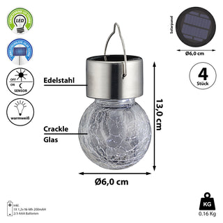 Solarleuchte Crackle klar 4er Set 8x13cm Glas Edelstahl Plastik Leuchtkugel Akku warmweiß Solarlampe