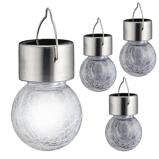 Solarleuchte Crackle klar 4er Set 8x13cm Glas Edelstahl Plastik Leuchtkugel Akku warmweiß Solarlampe