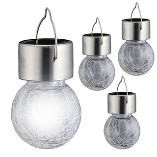 Solarleuchte Crackle klar 4er Set 8x13cm Glas Edelstahl Plastik Leuchtkugel Akku warmweiß Solarlampe