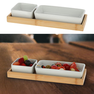 Servierset 3tlg. Bambus Porzellan 28x10,5x4,5cm Schalen Tablett Schüssel Snackschale Servierschale