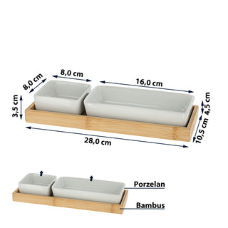 Servierset 3tlg. Bambus Porzellan 28x10,5x4,5cm Schalen Tablett Schüssel Snackschale Servierschale