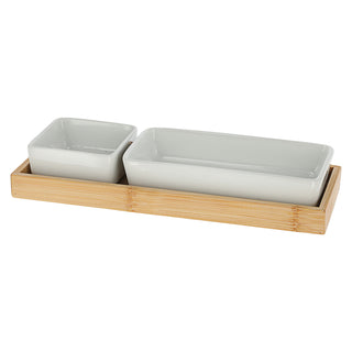 Servierset 3tlg. Bambus Porzellan 28x10,5x4,5cm Schalen Tablett Schüssel Snackschale Servierschale