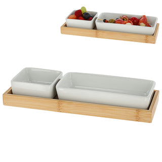 Servierset 3tlg. Bambus Porzellan 28x10,5x4,5cm Schalen Tablett Schüssel Snackschale Servierschale