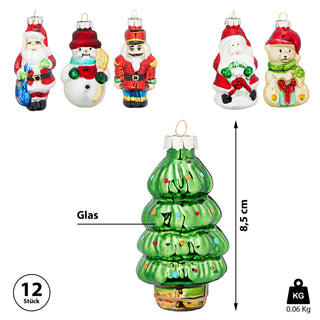 Christbaumschmuck "Xmas" 12er Set je Motiv 2 Stück Glas Baumschmuck Anhänger Christbaumanhänger Weihnachtsmotv bunt