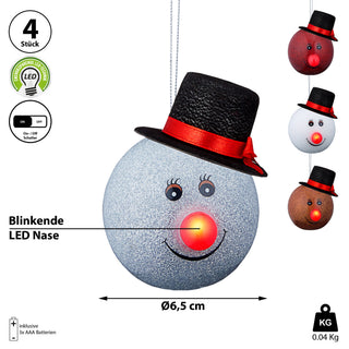Christbaumkugel Schneemann 4er Set in 4 Farben LED Nase Tannenbaumschmuck Christbaumanhänger Kugeln