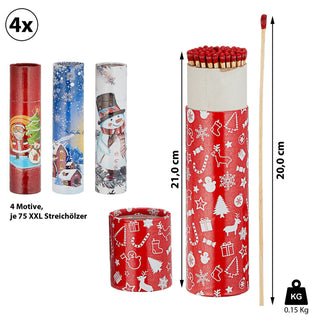4x Kaminstreichhölzer L20cm 4 Packungs-Motive à 75 Stk. Zündhölzer Streichholzschachtel Weihnachtsdesign