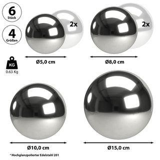 Deko Kugeln 6er Set 4 Größen Edelstahl Silber Ø5/8/10/15cm Deko-Kugel Metallball Stahlkugeln glänzend