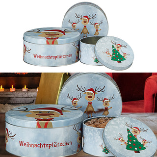 3x Gebäckdose oder -Teller " Rentier Ole" rund Weihnachtskekse Weihnachtsgebäck Keksdose Dose Weihnachtsdose