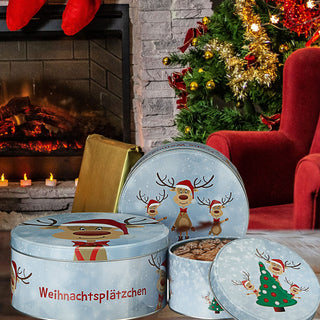 3x Gebäckdose oder -Teller " Rentier Ole" rund Weihnachtskekse Weihnachtsgebäck Keksdose Dose Weihnachtsdose