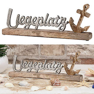 Schriftzug 'Liegeplatz' Anker silber 40x15x5cm Mangoholz Aluminium Dekoaufsteller Tischdeko Aufsteller maritim