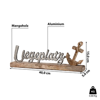 Schriftzug 'Liegeplatz' Anker silber 40x15x5cm Mangoholz Aluminium Dekoaufsteller Tischdeko Aufsteller maritim