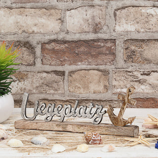 Schriftzug 'Liegeplatz' Anker silber 40x15x5cm Mangoholz Aluminium Dekoaufsteller Tischdeko Aufsteller maritim