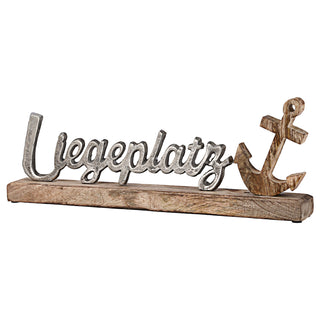 Schriftzug 'Liegeplatz' Anker silber 40x15x5cm Mangoholz Aluminium Dekoaufsteller Tischdeko Aufsteller maritim
