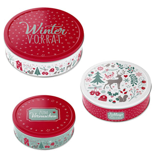 Gebäckdosen 3er Set "Nostalgie" / "Wintervorrat" / "Schneeman"3 Größen Metall Weihnachtskekse Weihnachtsgebäck Keksdose Dose Weihnachtsdose