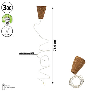 3x Flaschenlicht 8 LEDs Lichterkette L75cm Echtkork inkl. Batterien Flaschenbeleuchtung