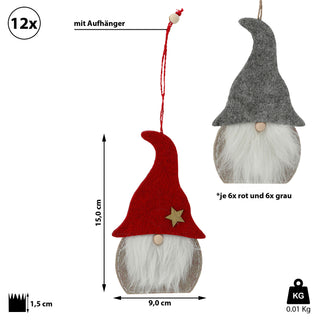 Wichtel 12er Set je 6x rot und 6x grau zum Aufhängen H15cm Zwerg Weihnachtswichtel Wichtelmännchen Zwerg Adventsdeko Weihnachtsdeko