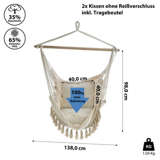 Hängesessel 2 Kissen 98x198cm Beige Baumwolle Hängestuhl Sessel Hängesitz Hängekorb Gartenzubehör