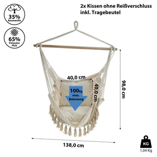 Hängesessel 2 Kissen 98x198cm Beige Baumwolle Hängestuhl Sessel Hängesitz Hängekorb Gartenzubehör