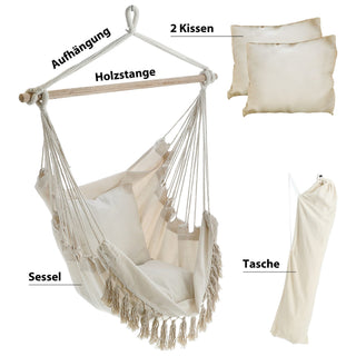 Hängesessel 2 Kissen 98x198cm Beige Baumwolle Hängestuhl Sessel Hängesitz Hängekorb Gartenzubehör