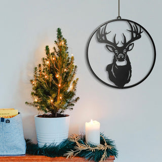 Türhänger Fensterdeko rund Hirschkopf Metall schwarz 40cm zum Auhängen Weihnachtsdekoration Hirsch