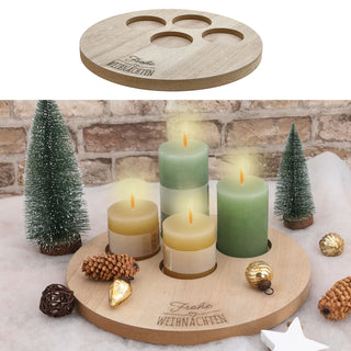Kerzentablett 'Frohe Weihnachten' Advent Holz Ø32x2cm für 4 Kerzen Ø7cm Holzbrett rund mit Aussparungen eingebrannter Schriftzug