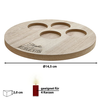 Kerzentablett 'Frohe Weihnachten' Advent Holz Ø32x2cm für 4 Kerzen Ø7cm Holzbrett rund mit Aussparungen eingebrannter Schriftzug
