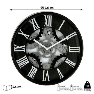 Wanduhr Zahnrad schwarz Ø30x5,5cm Küchenuhr Dekouhr Uhr Wohnzimmeruhr batteriebetrieben