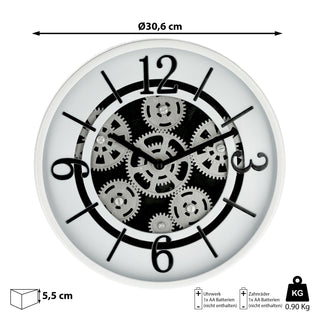 Wanduhr Zahnrad weiß Ø30x5,5cm Küchenuhr Dekouhr Uhr Wohnzimmeruhr batteriebetrieben