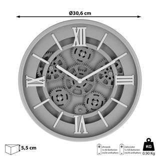 Wanduhr Zahnrad grau Ø30x5,5cm Küchenuhr Dekouhr Uhr Wohnzimmeruhr batteriebetrieben