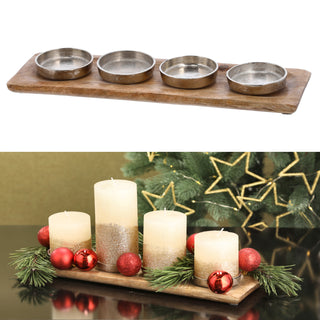 Adventsleuchter Mangoholz 35cm 4 Kerzenhalter Aluminium Ø6,5cm Kerzentablett Stumpenkerzen Dekotablett