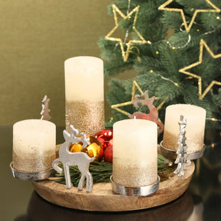 Adventsleuchter Mangoholz 34cm 4 Kerzenhalter Aluminium Ø6,5cm Weihnachtsfiguren Elch Tannenbaum Kerzentablett Stumpenkerzen Dekotablett