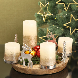Adventsleuchter Mangoholz 34cm 4 Kerzenhalter Aluminium Ø6,5cm Weihnachtsfiguren Elch Tannenbaum Kerzentablett Stumpenkerzen Dekotablett