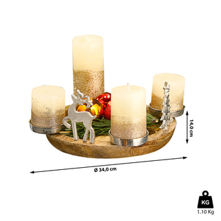 Adventsleuchter Mangoholz 34cm 4 Kerzenhalter Aluminium Ø6,5cm Weihnachtsfiguren Elch Tannenbaum Kerzentablett Stumpenkerzen Dekotablett