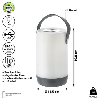 LED Leuchte Touchfunktion H19cm weiß/grau oder weiß/schwarz Outdoor IP44 H19cm Henkellampe akkubetrieben Gartenlampe