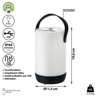 LED Leuchte Touchfunktion H19cm weiß/grau oder weiß/schwarz Outdoor IP44 H19cm Henkellampe akkubetrieben Gartenlampe